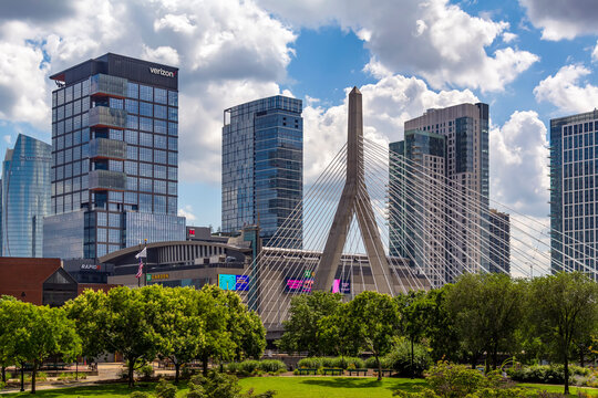 A view of Zakim cable-stayed Bridge with the background of The Hub on Causeway, on August 12, 2023, Boston, Massachusetts, USA