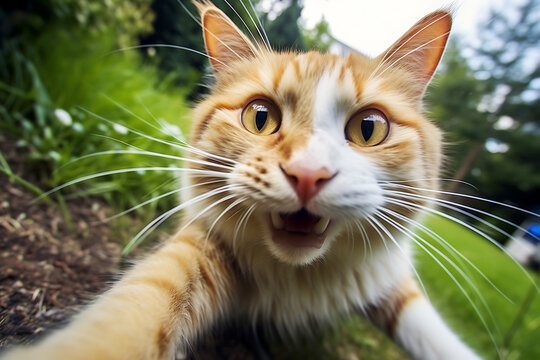 A ginger cat takes a selfie on a mobile phone camera.