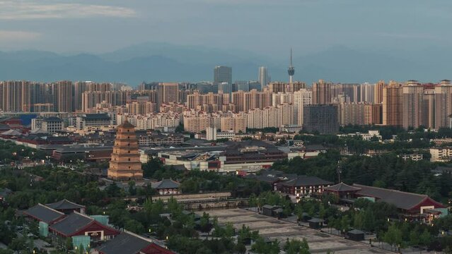 Time lapse view of Xian Dayan Pagoda and city skyline in Shanxi, China