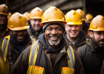Diverse group of happy construction worker with helmets standing on construction site.Macro.AI Generative.