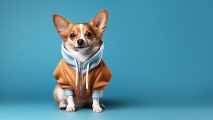 Little cute dog in hoodie on blue background