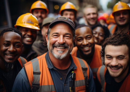 Diverse group of happy construction worker with helmets standing on construction site.Macro.AI Generative.
