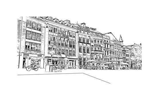 recommend clip art: Hand drawn sketch illustration in vector. Building view with landmark of Aachen is the city of Germany. 