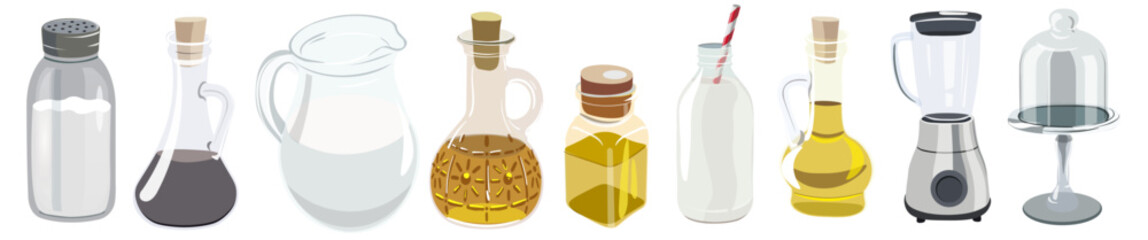 large set of glassware in vector. items in semi-realistic style. blender, salt shaker, mug, jar, bottle. Butter, milk, soy sauce. objects for design of advertising and packaging.