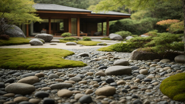 A tranquil Zen rock garden design featuring carefully placed rocks, gravel, moss, and minimalistic landscaping, providing a calming outdoor sanctuary.