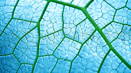 A closeup of a horseradish leaf featuring an intricate mosaic of cells and veins, set against a blue-green abstract nature background, perfect for a vegetable-themed wallpaper.