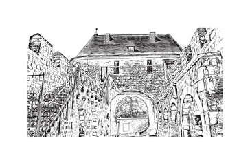 Hand drawn sketch illustration in vector. Building view with landmark of Aachen is the city of Germany. 