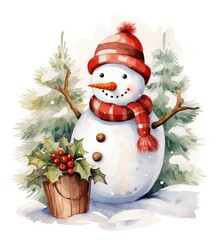 Watercolor Christmas Snowman Clipart Collection for Charming Holiday Designs. AI generated illustration