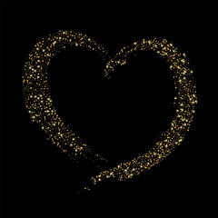 Confetti with gold glitter in the shape of a heart on a black background. Shiny particles and sand are scattered. Decorative element, golden heart. Luxury holiday background, vector