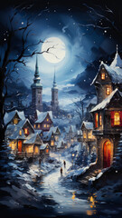 Fototapeta na wymiar Enchanting Snowy Christmas Village Scene - Festive Winter Landscape Poster, AI-Generated