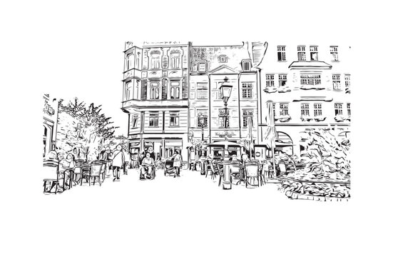 recommend clip art: Hand drawn sketch illustration in vector. Building view with landmark of Aachen is the city of Germany. 