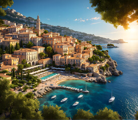 Riviera Radiance: Luxuriating in the Sun-Kissed Splendor and Glamorous Lifestyle of the French Riviera. generative AI - obrazy, fototapety, plakaty