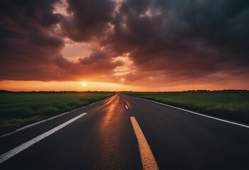 Dark Floor Black Asphalt Dramatic Sky Horizon Epic Sunset Clouds Landscape High quality photo