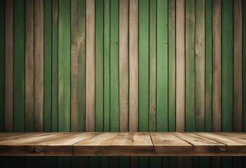 Empty wooden table against a green wall background High quality photo