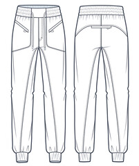 Jogger Pants technical fashion illustration. Denim Pants fashion flat technical drawing template, pocket, elastic waistband, front and back view, white color, women, men, unisex CAD mockup.