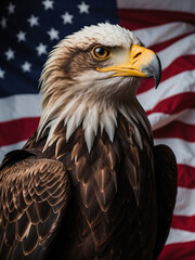 portrait of majestic bald eagle with united states flag in background