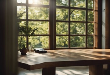 Wooden table stands in a room of natural light front of a large window a view of trees