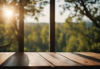 Wooden table stands in a room of natural light front of a large window a view of trees