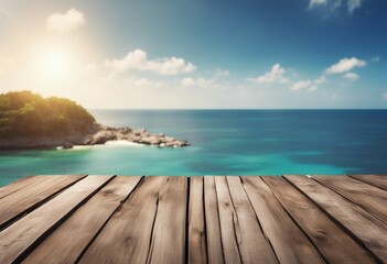 Fototapeta na wymiar Wooden table Top And Blur Nature sea and blue sky of the Background High quality photo