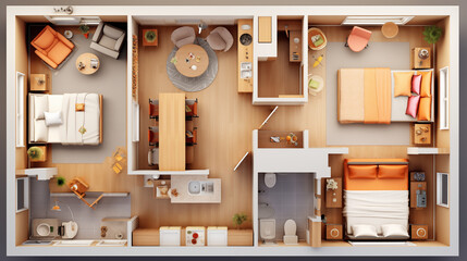 Photo top view of the plan of a modern multi-room apartment - obrazy, fototapety, plakaty