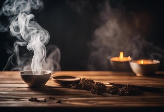 Wooden table and smoke on black background High quality photo