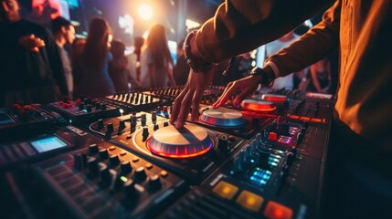 DJ's hands on a mixing board, with a blurred background of energetic partygoers dancing in the club