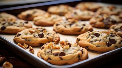 tray of freshly baked cookies, with chocolate chips and chunks of nuts peeking out from the dough.