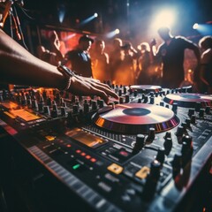 DJ's hands on a mixing board, with a blurred background of energetic partygoers dancing in the club - obrazy, fototapety, plakaty