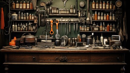 barber's tools arranged, including scissors, combs, razors, and other implements of the trade.
