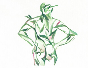 woman body with plants. watercolor painting. illustration