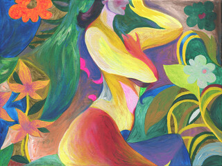 abstract woman and flowers. acrylic painting. illustration