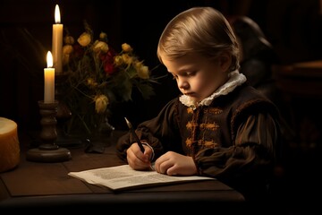 cute little boy writing a letter by candlelight