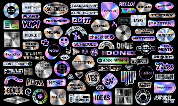 Collection of Vector Illustrations with Iridescent Foil Film. Set of Digital Holographic Modern Retro Futuristic Motivational Quotes. Shapes of Word with Hologram effects. Planner Sticker Scrapbook