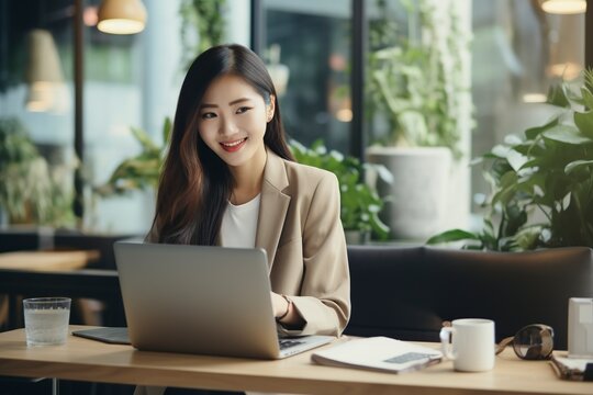 Young Asian Woman Working And Talking In Her Office