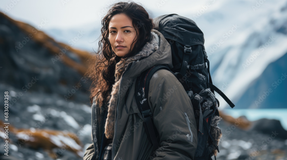 Poster A woman with a large backpack on an expedition in winter