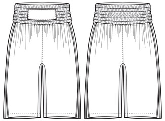 Boxing Shorts jersey design flat sketch fashion illustration, Combat shorts concept with front and back view for Kick boxing, fight, wrestling, martial arts and tracking active wear shorts design.