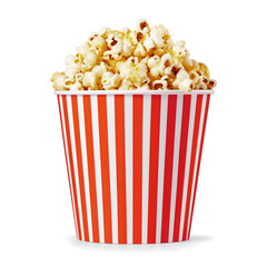 Classic popcorn bucket for watching movies with transparent background and shadow