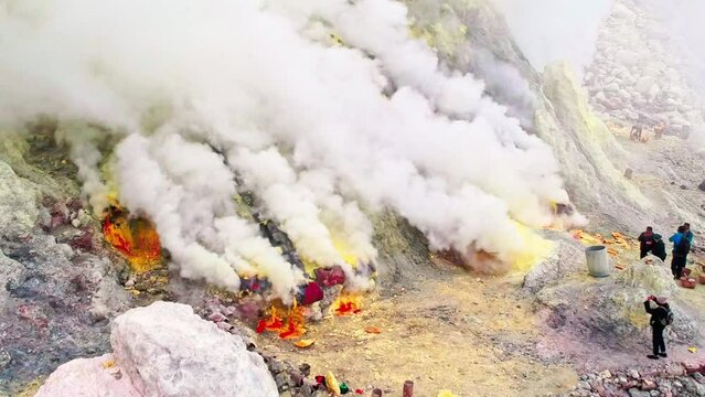 a drone shot of sulfur mine at Mt.Ijen , Java Indonesia
