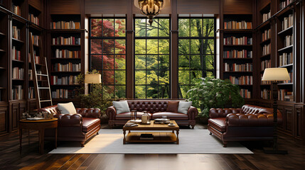 Modern Library With Big Window Looking Into Forrest. Big Bookshelf and Leather Couch and Chairs - Generative Ai - obrazy, fototapety, plakaty