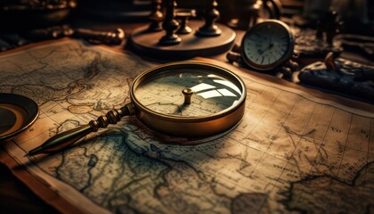 A Detailed Close-Up of a Compass on a Colorful Topographic Map - obrazy, fototapety, plakaty