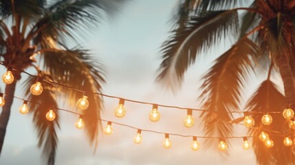 beach party with palm trees and light bulb garlands.