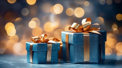 Beautiful background of blue with shiny gold gift boxes