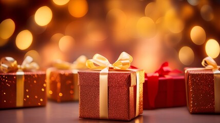 Beautiful background of golden shiny gift boxes