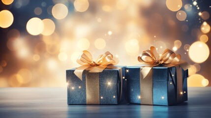 Beautiful background of blue with shiny gold gift boxes