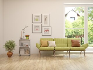 Modern interior concept with sofa and summer landscape in window. 3D illustration - obrazy, fototapety, plakaty