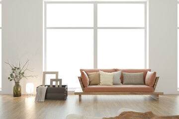 White living room with sofa. Scandinavian interior design. 3D illustration