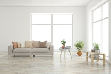 White scandinavian interior design with sofa. 3D illustration