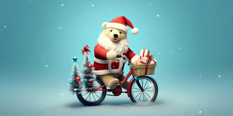 Jolly bear in a Santa costume riding a bicycle laden with gifts and a Christmas tree.