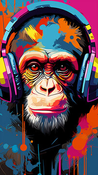 macaco colorido com fones de ouvido 