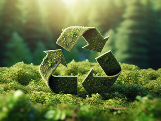 The recycling symbol made of moss stands in the midst of a fresh green forest. - obrazy, fototapety, plakaty